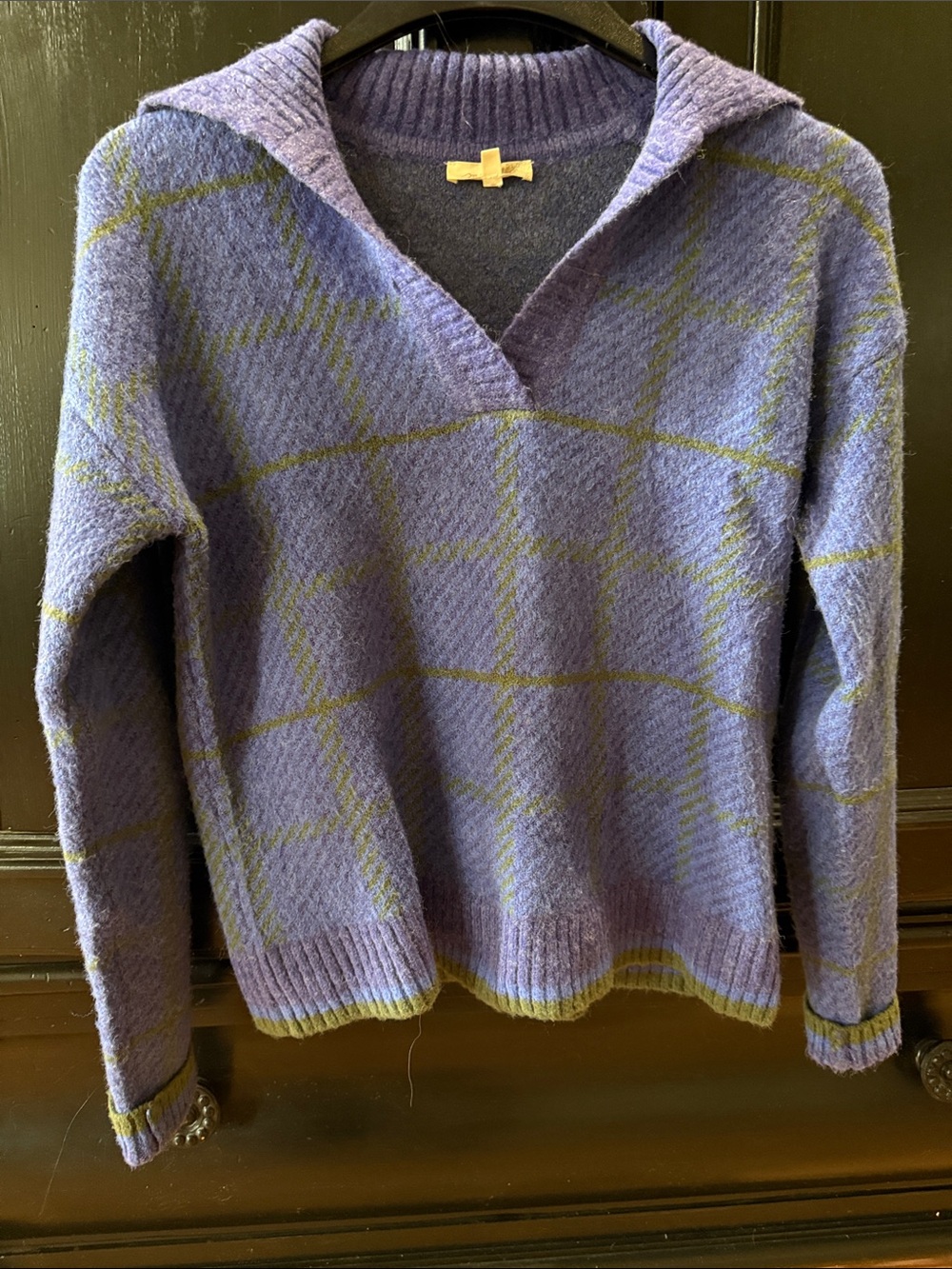 Mystree Lavender V-Neck Plaid Sweater with Olive Grid